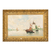 Tableau Marine - Paysage de Moulins et Bateaux - Signé E. Vannier, XIXème