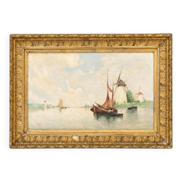 Tableau Marine - Paysage de Moulins et Bateaux - Signé E. Vannier, XIXème