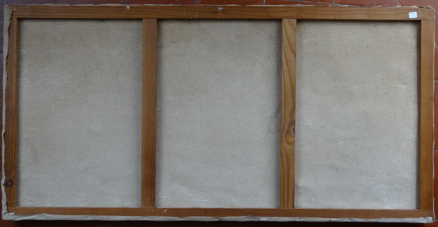 Oil on canvas Animated landscape by the lake at dusk 120 x 60 cm signed Rogiez