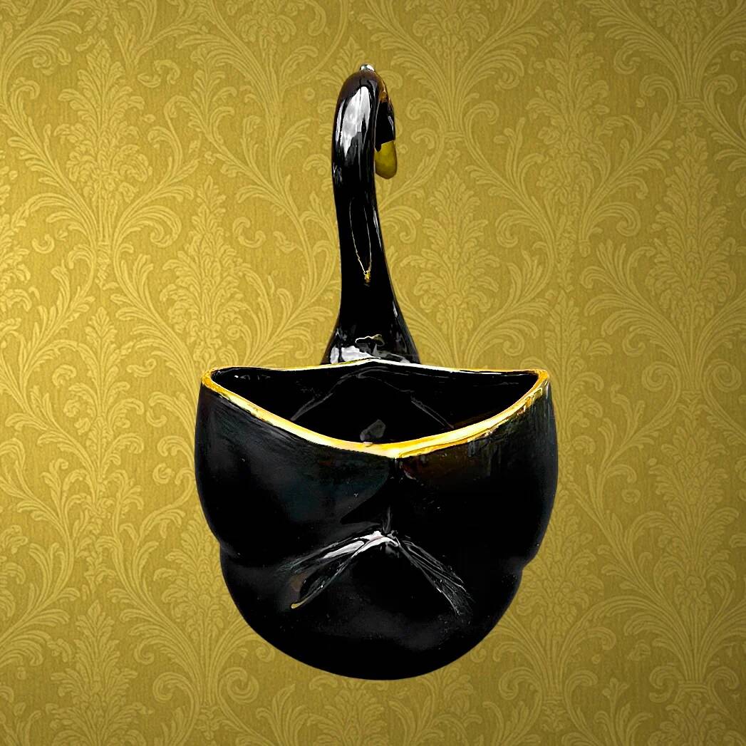 Vintage black and gold ceramic swan vase from the 1960s.