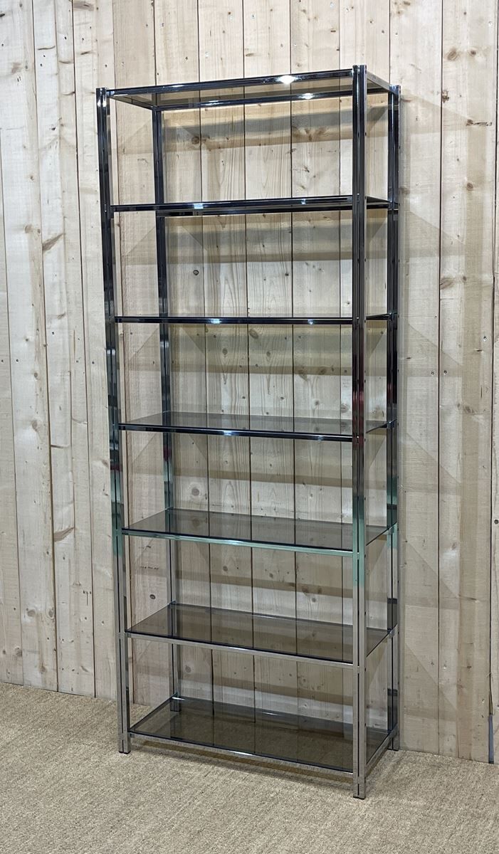 Etagère italienne des années 1970 en acier chromé et verre fumé