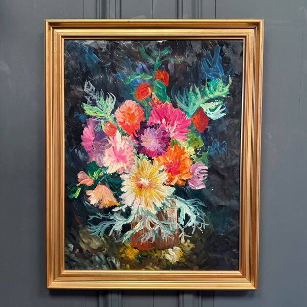 Huile sur carton nature morte bouquet de fleurs 1960