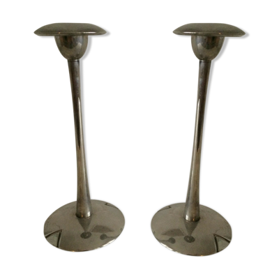 Paire de bougeoirs métal argenté style art déco