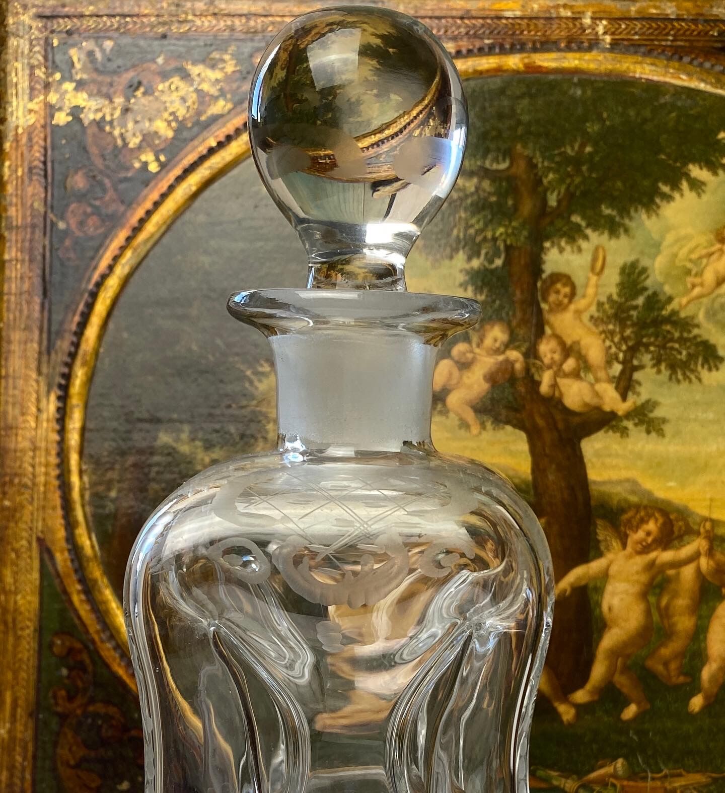 Antique engraved pinched crystal decanter