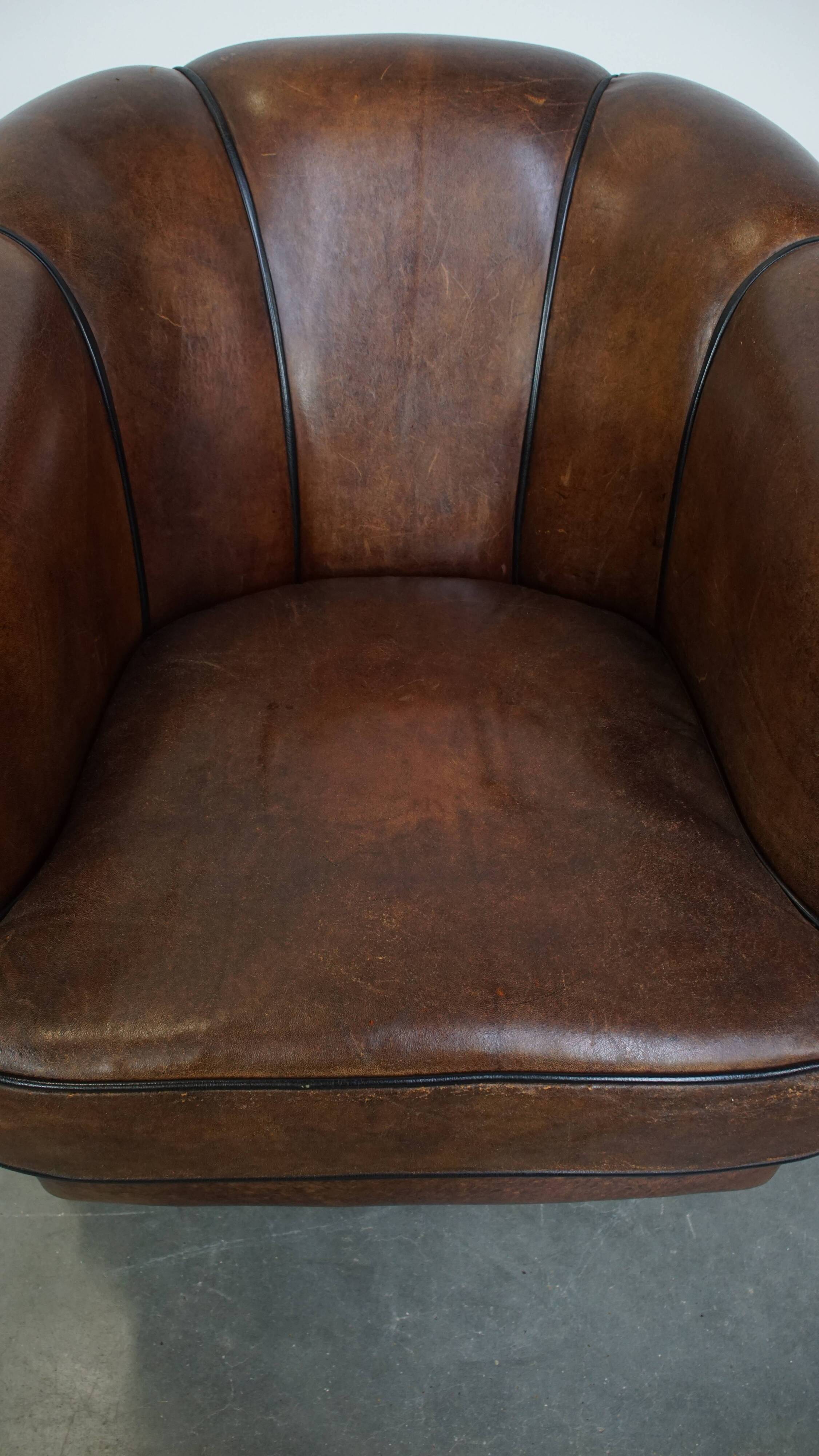 Dark Sheepskin Leather Club Chair with Black Piping