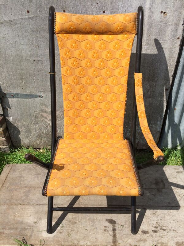 Fauteuil chaise pliante Napoléon III bois noir & tissu jaune vintage
