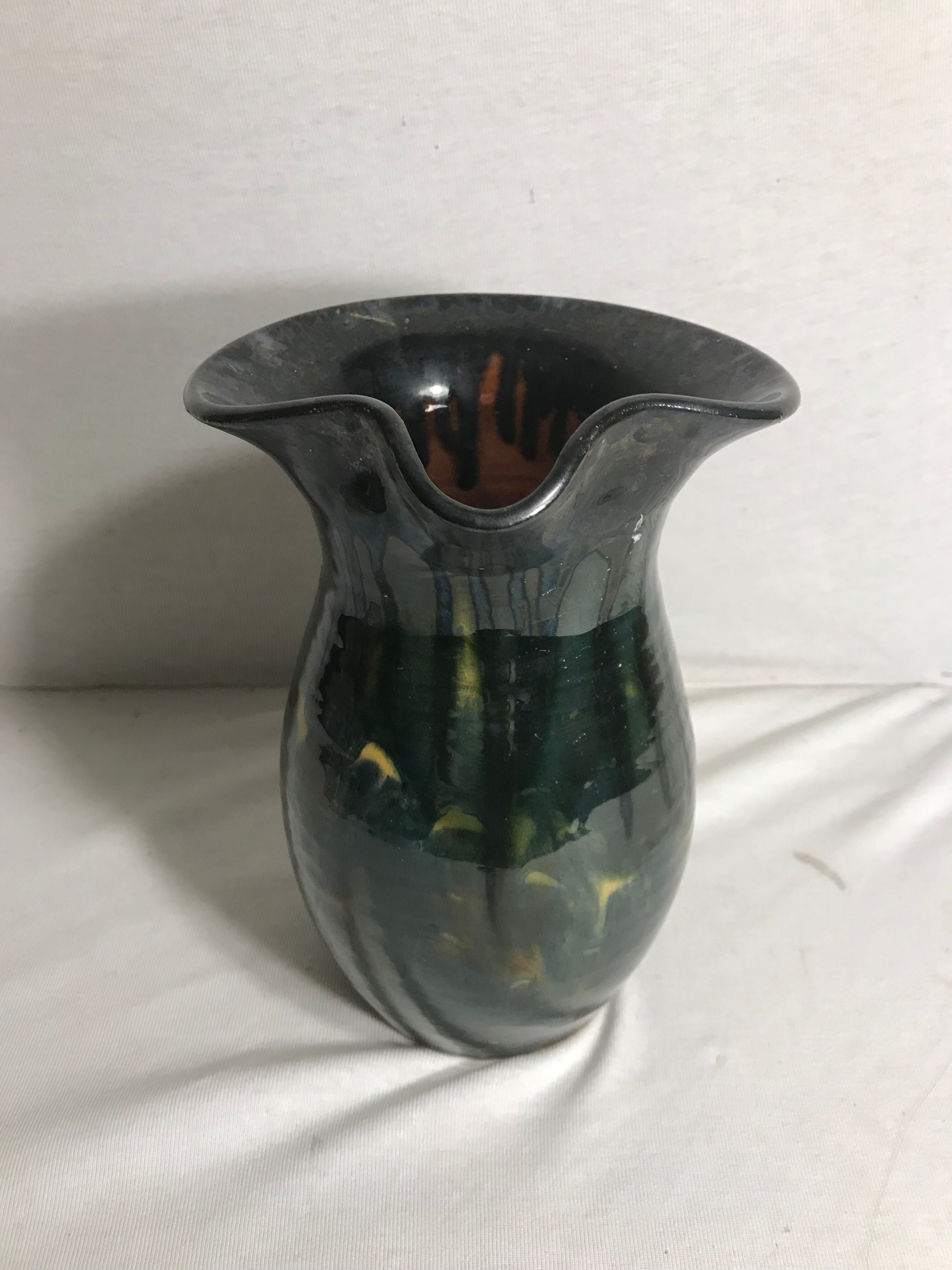 Ceramic jug enamelled yellow-green & orange 70's