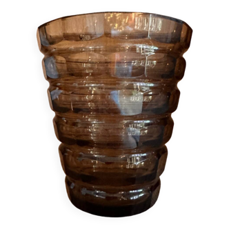 Vase Daum Art Déco signé DAUM Croix de Lorraine Nancy FRANCE, verre fumé, vase à facettes.