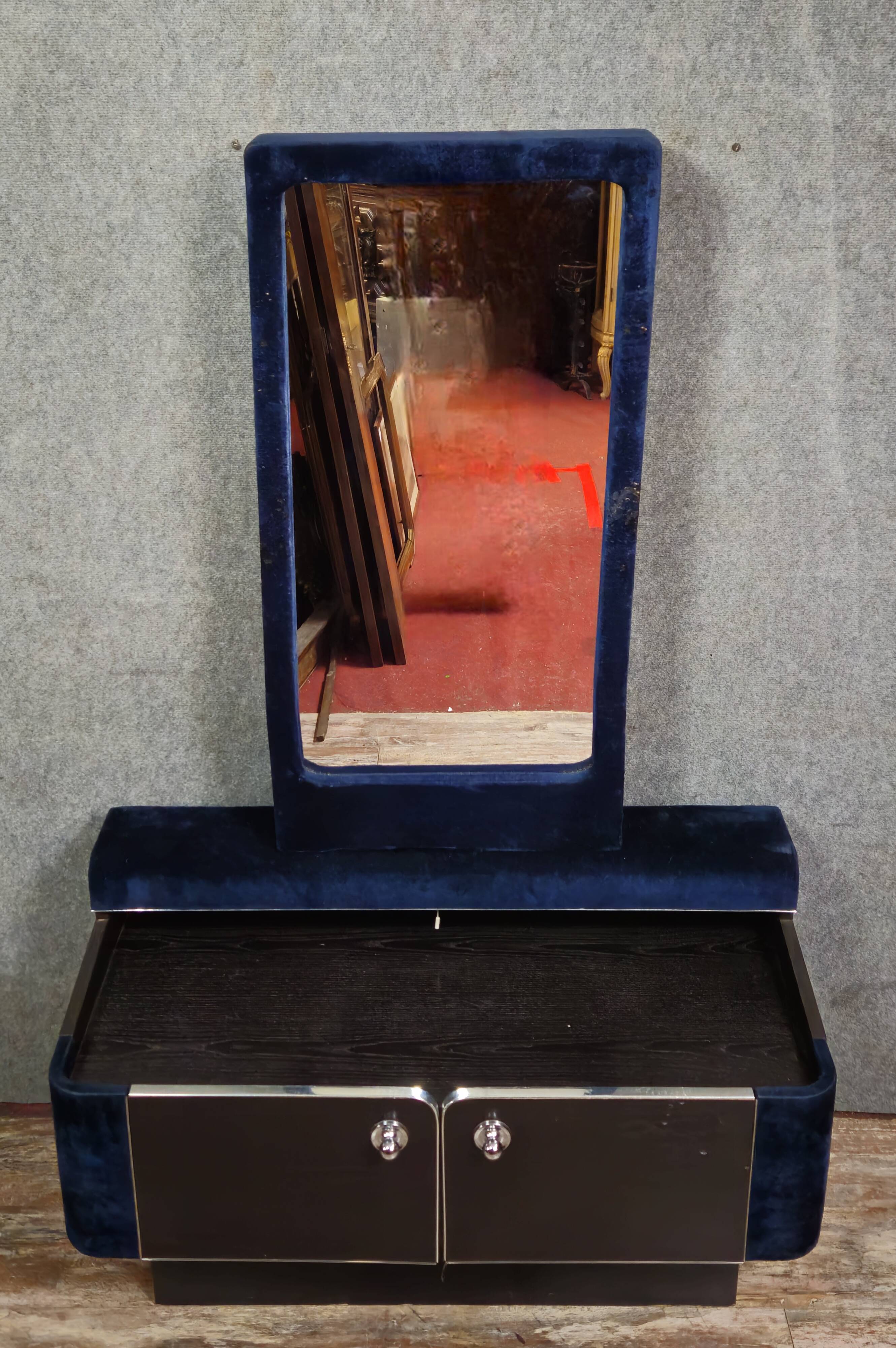 Dressing table / Art Deco furniture with mirror – Blue velvet – 1930s/40s