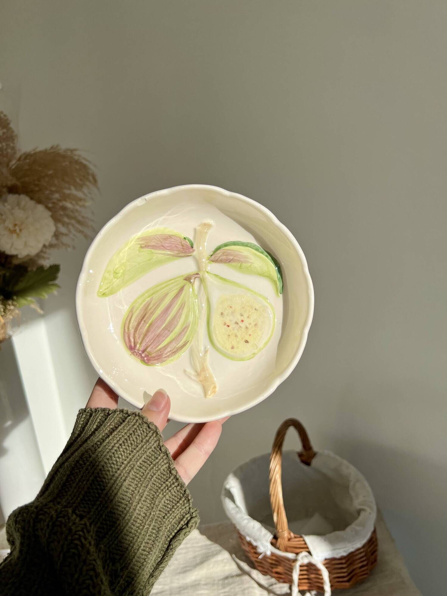 Pair of vintage hollow dessert plates in hand-painted slip, peach and fig fruit pattern