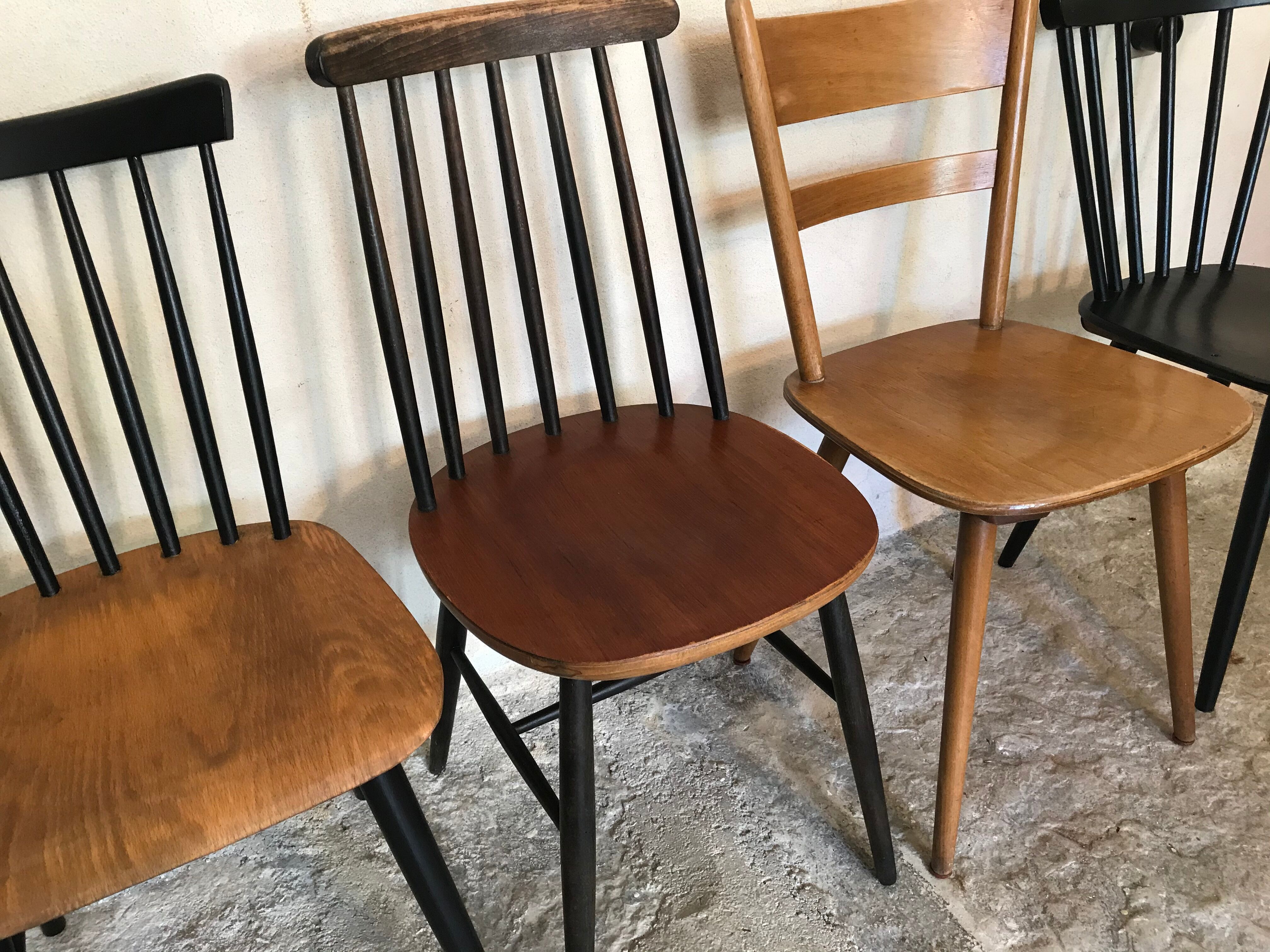 Set of 4 mismatched vintage chairs compass feet