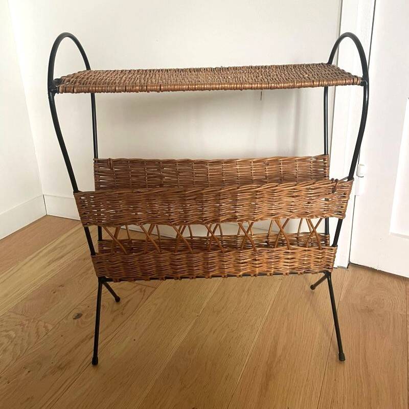 Vintage rattan and black metal magazine rack – Nightstand