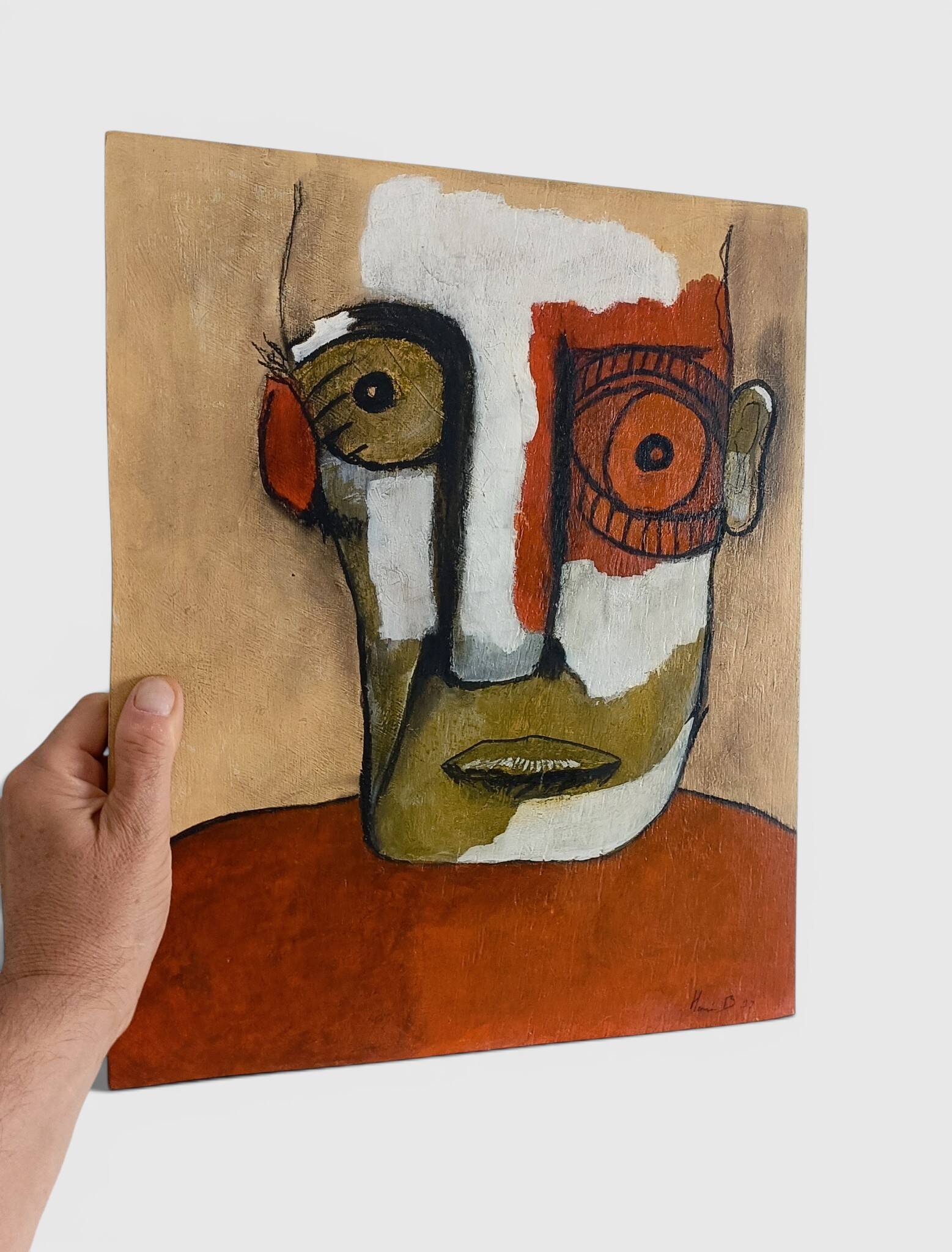 Abstract neo-primitive French portrait painting, mixed media on panel, 1999
