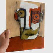 Abstract neo-primitive French portrait painting, mixed media on panel, 1999