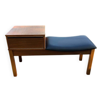 Banc de téléphone vintage en teck avec assise en vinyle, années 1960