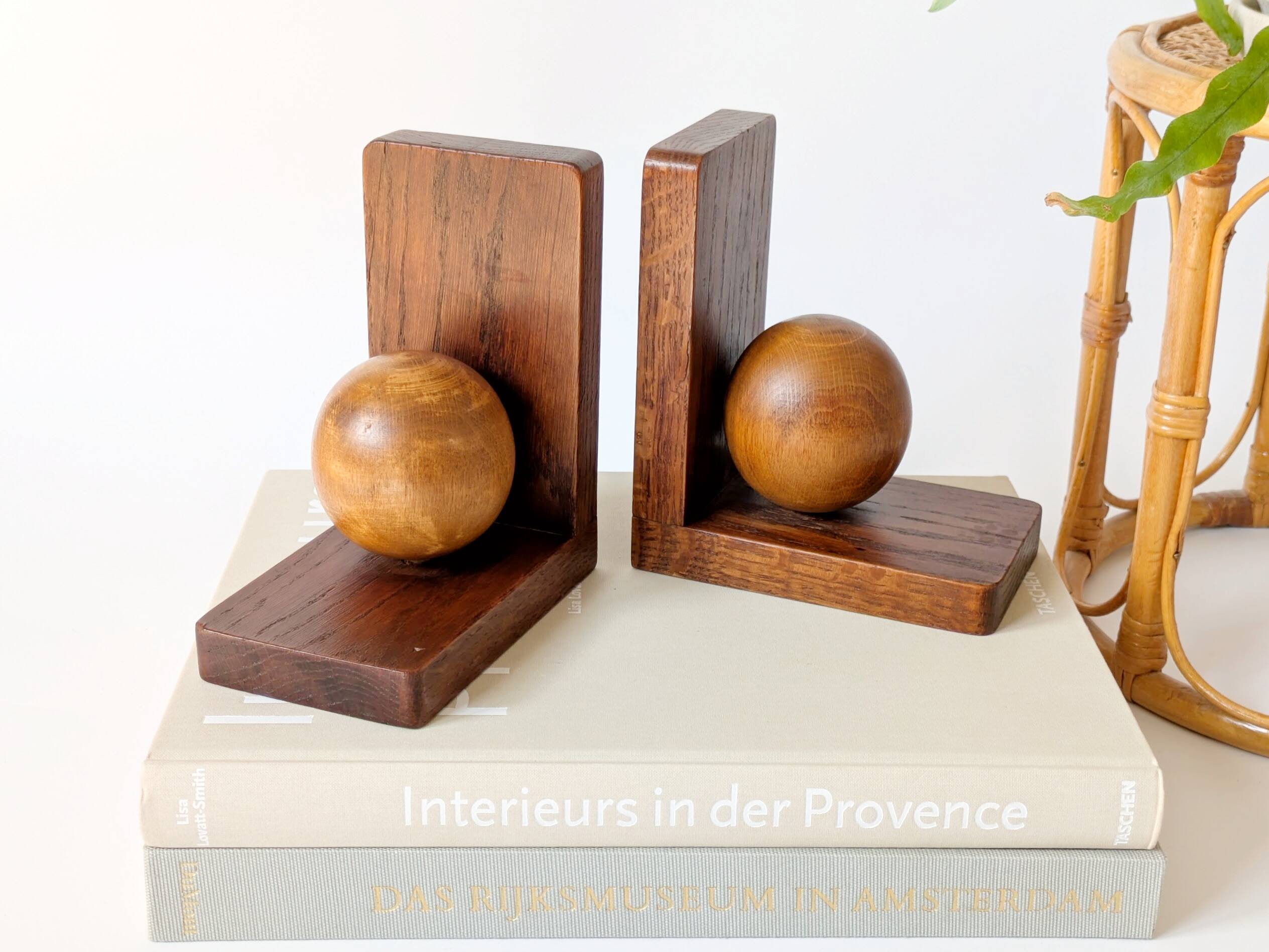 Pair of antique oak ball bookends, Midcentury Art Deco