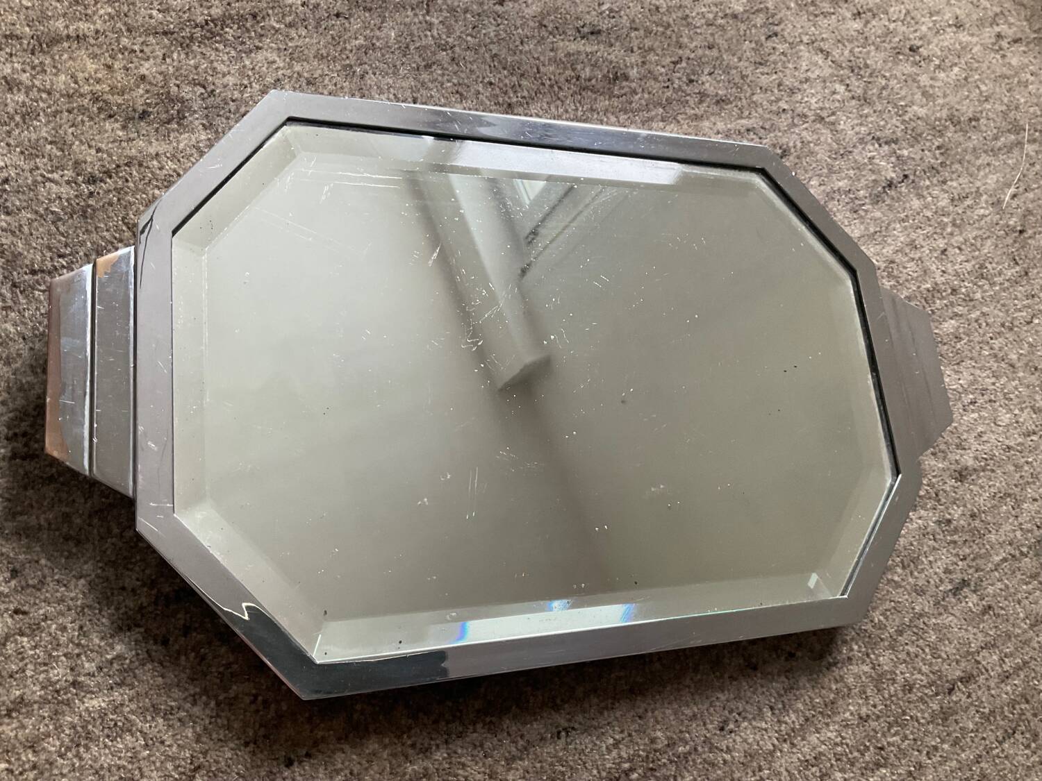 Plateau Art Déco miroir biseauté et laiton argenté