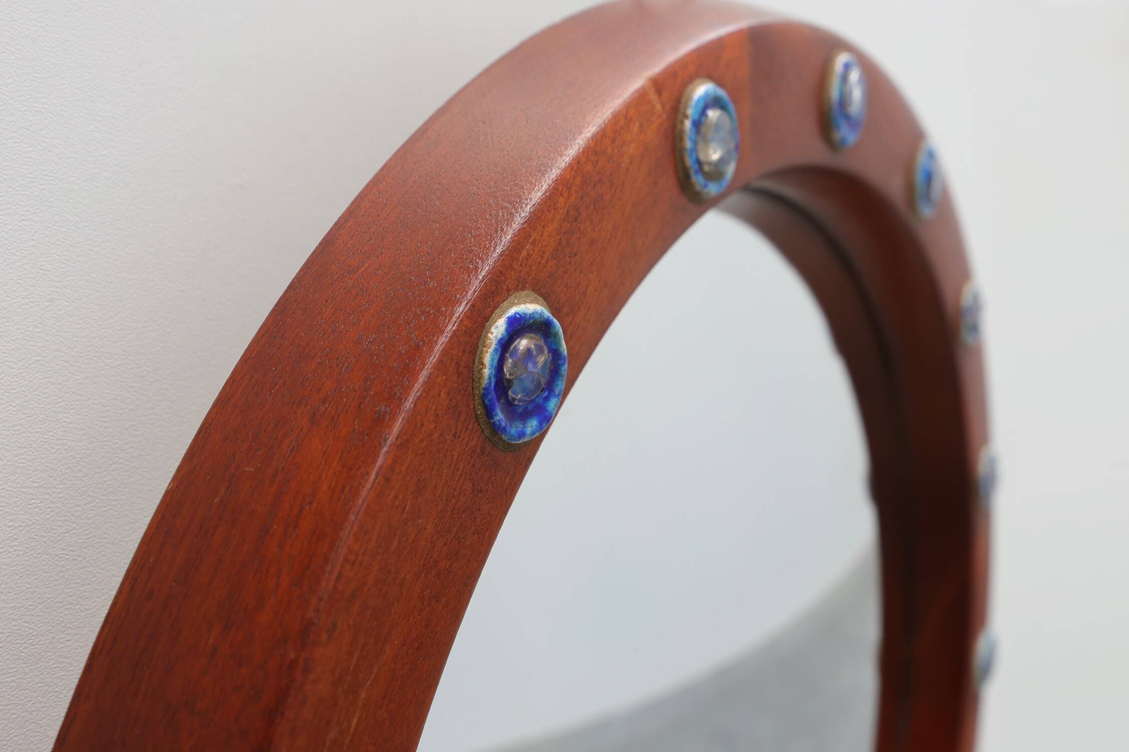 Pair of Deknudt Round Mirrors with Blue Ceramic Studs, Belgium, 1960s