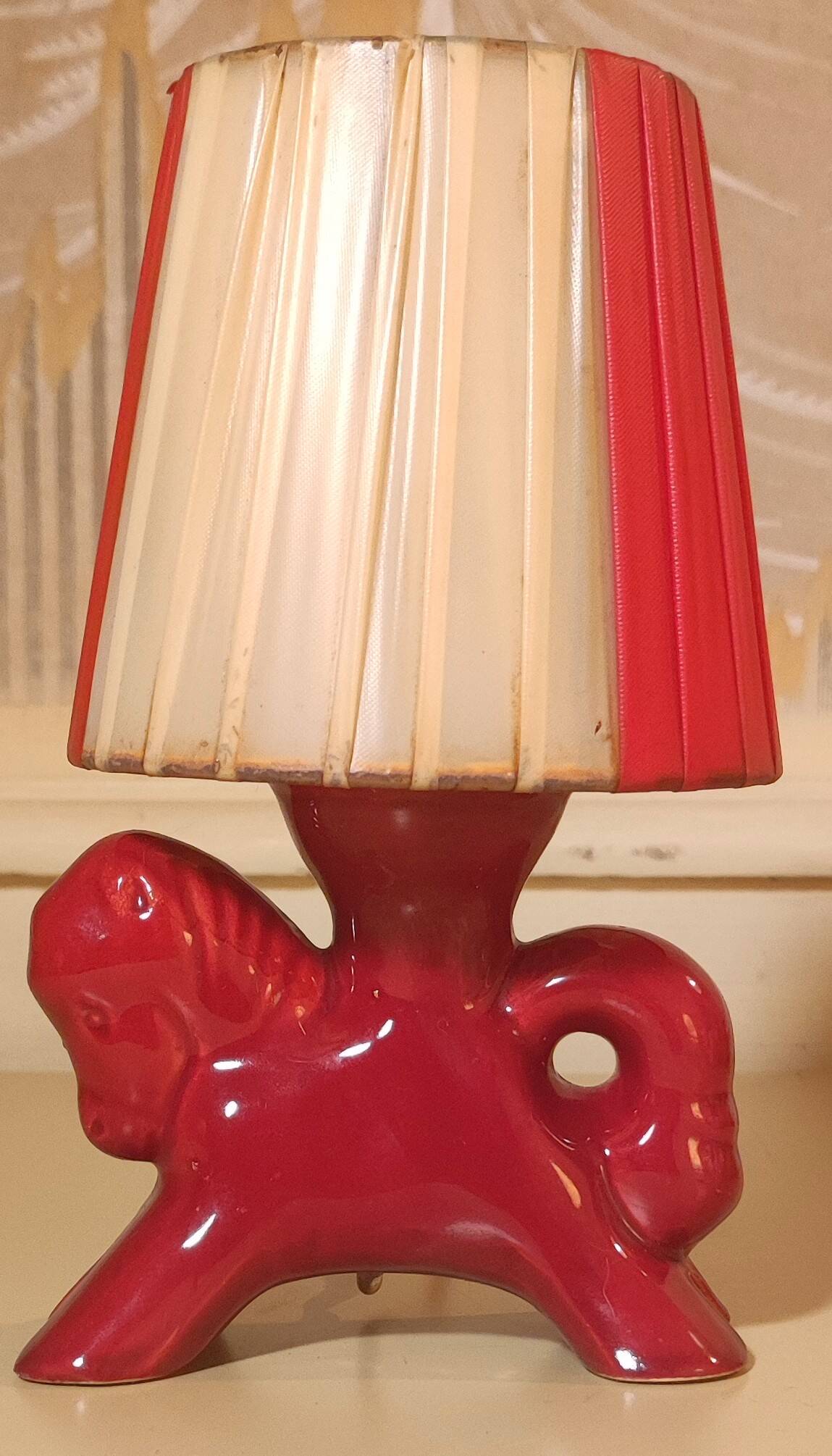 Burgundy ceramic horse lamp from the 1950s