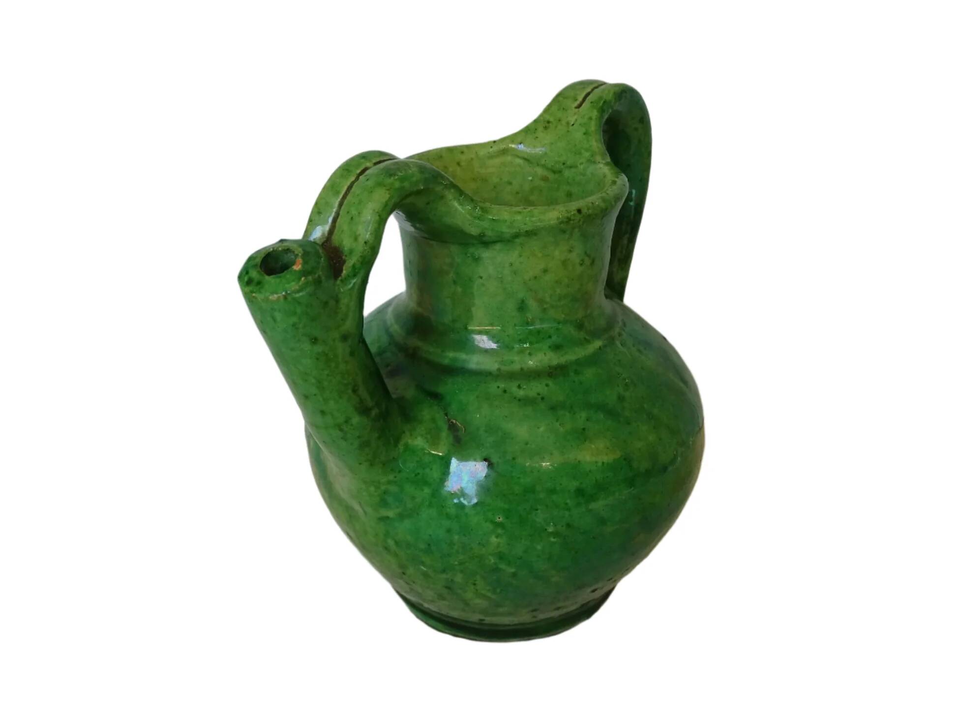 Orjol ou cruche vert antique français en terre cuite émaillée