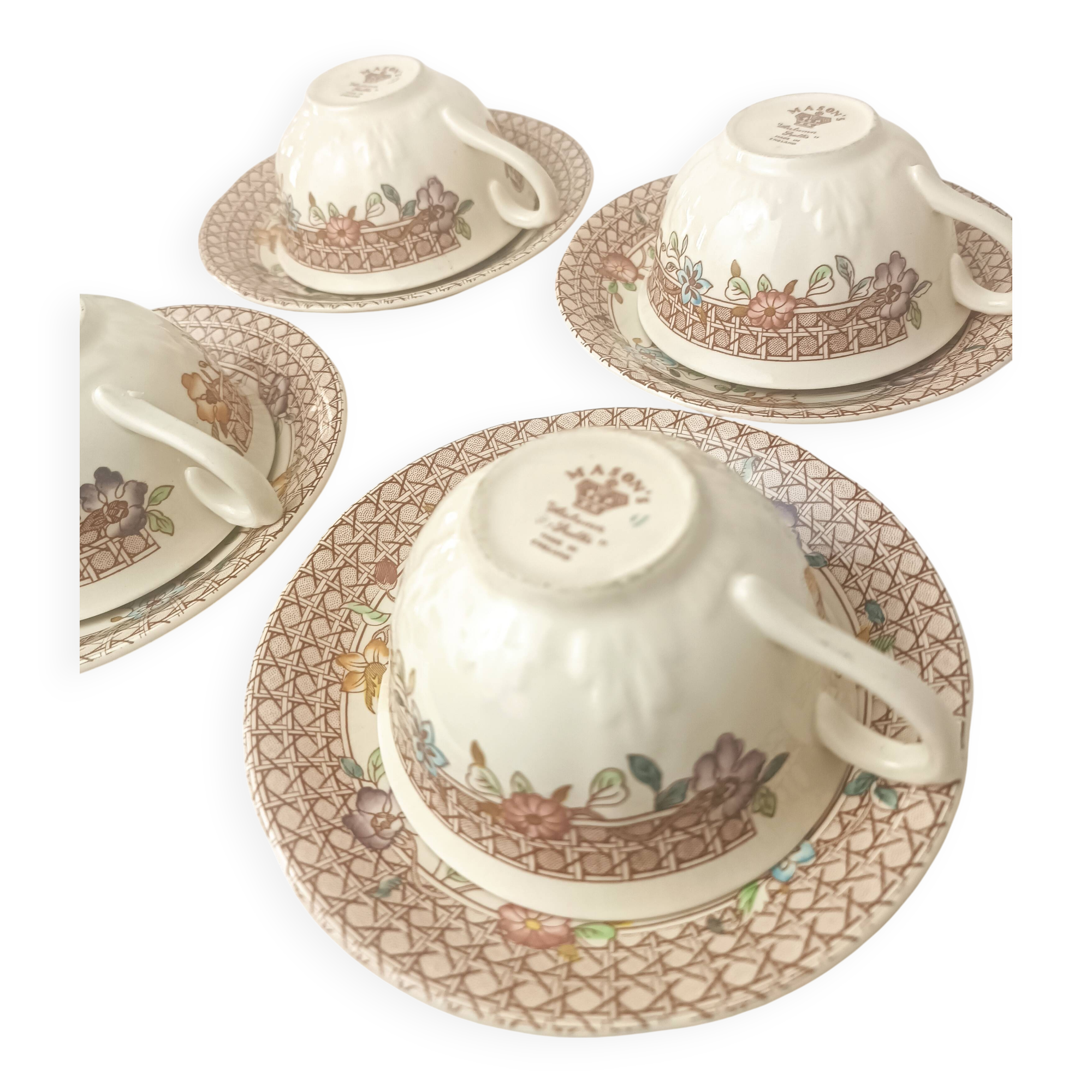 4 Mason's Autumn Trellis Porcelain Teacups & Saucers