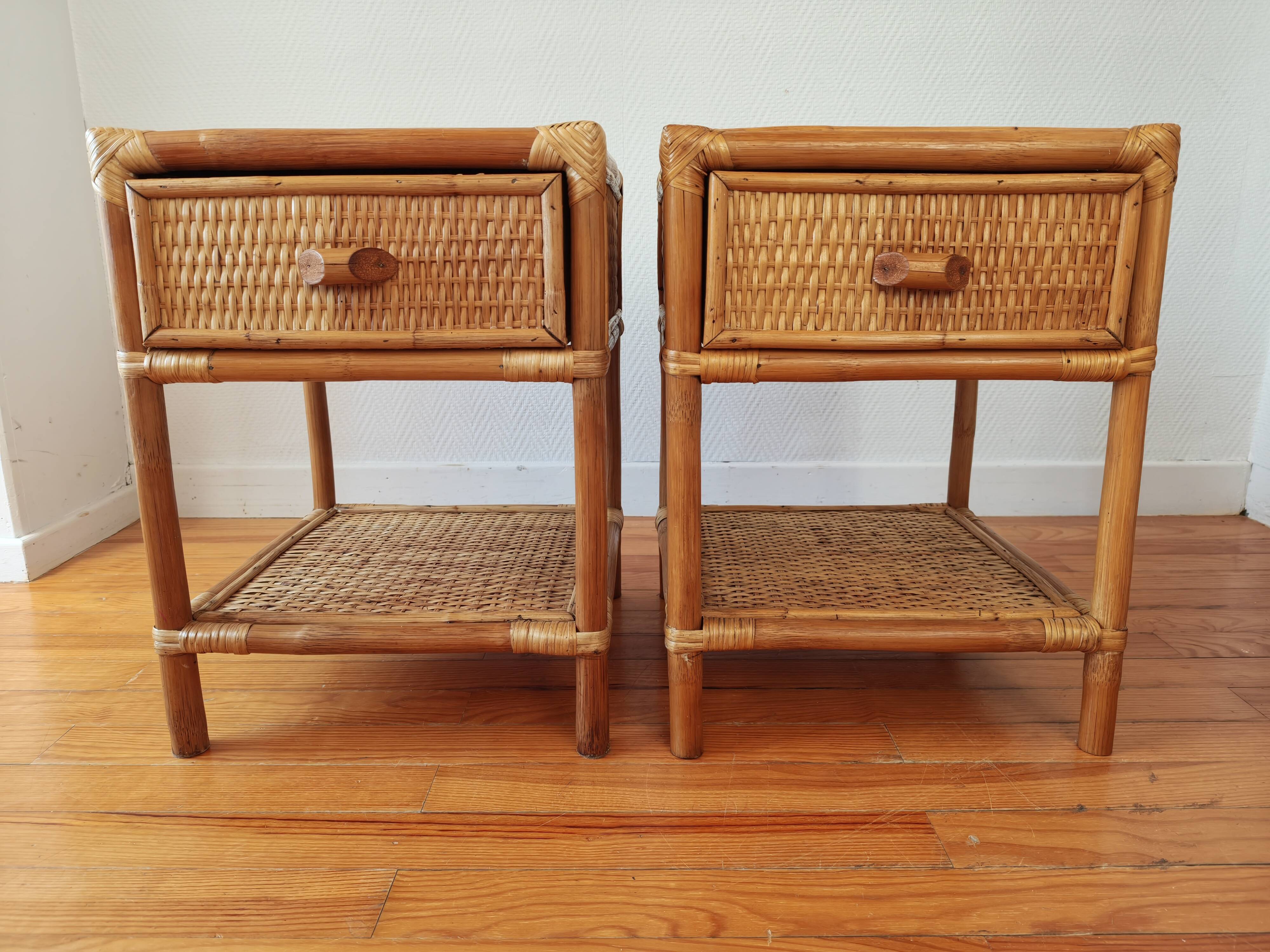 Pair of bedside tables in rattan and wicker - circa 1970