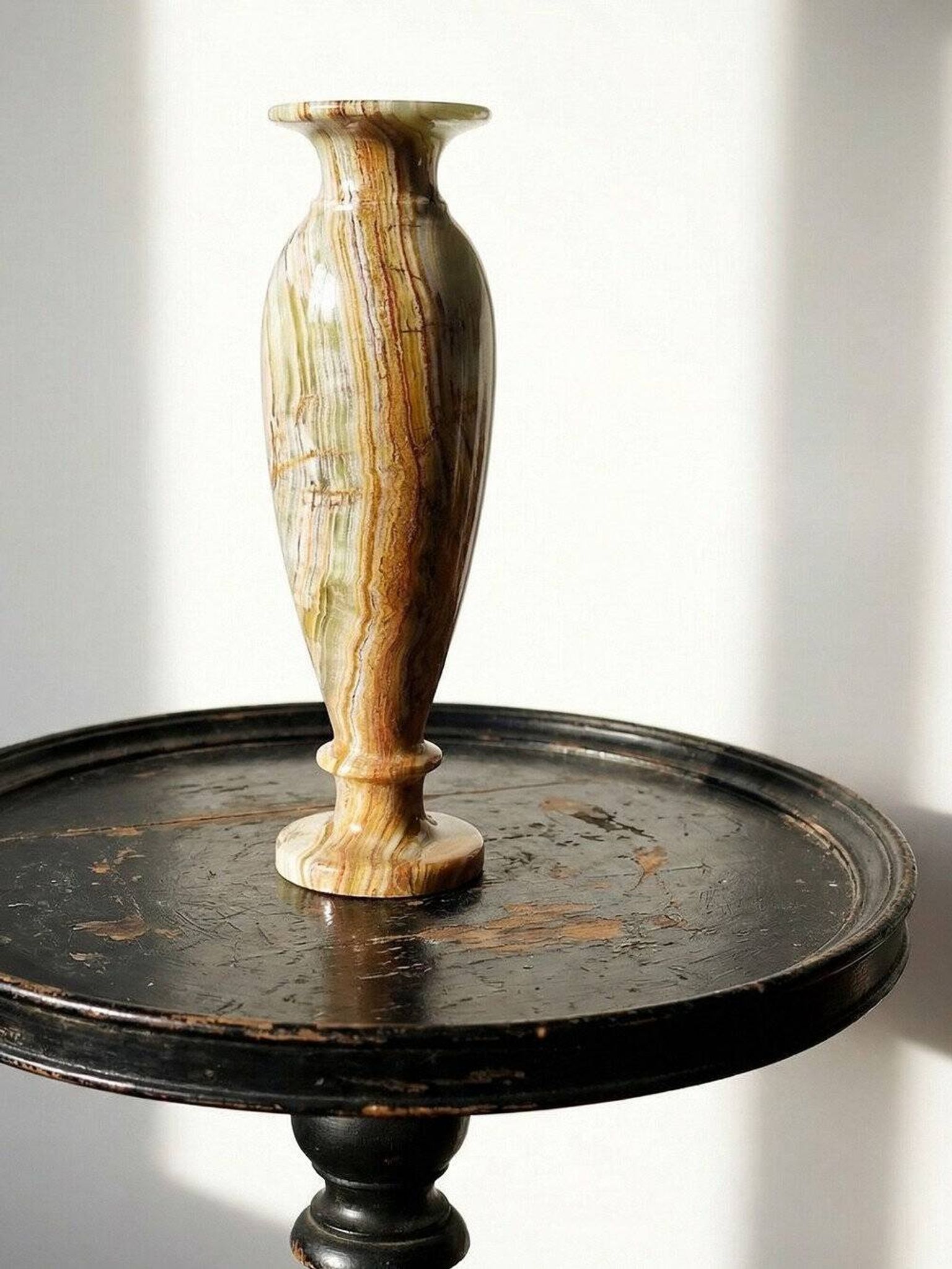 Vintage baluster vase in green striped onyx, Italy, mid-century.