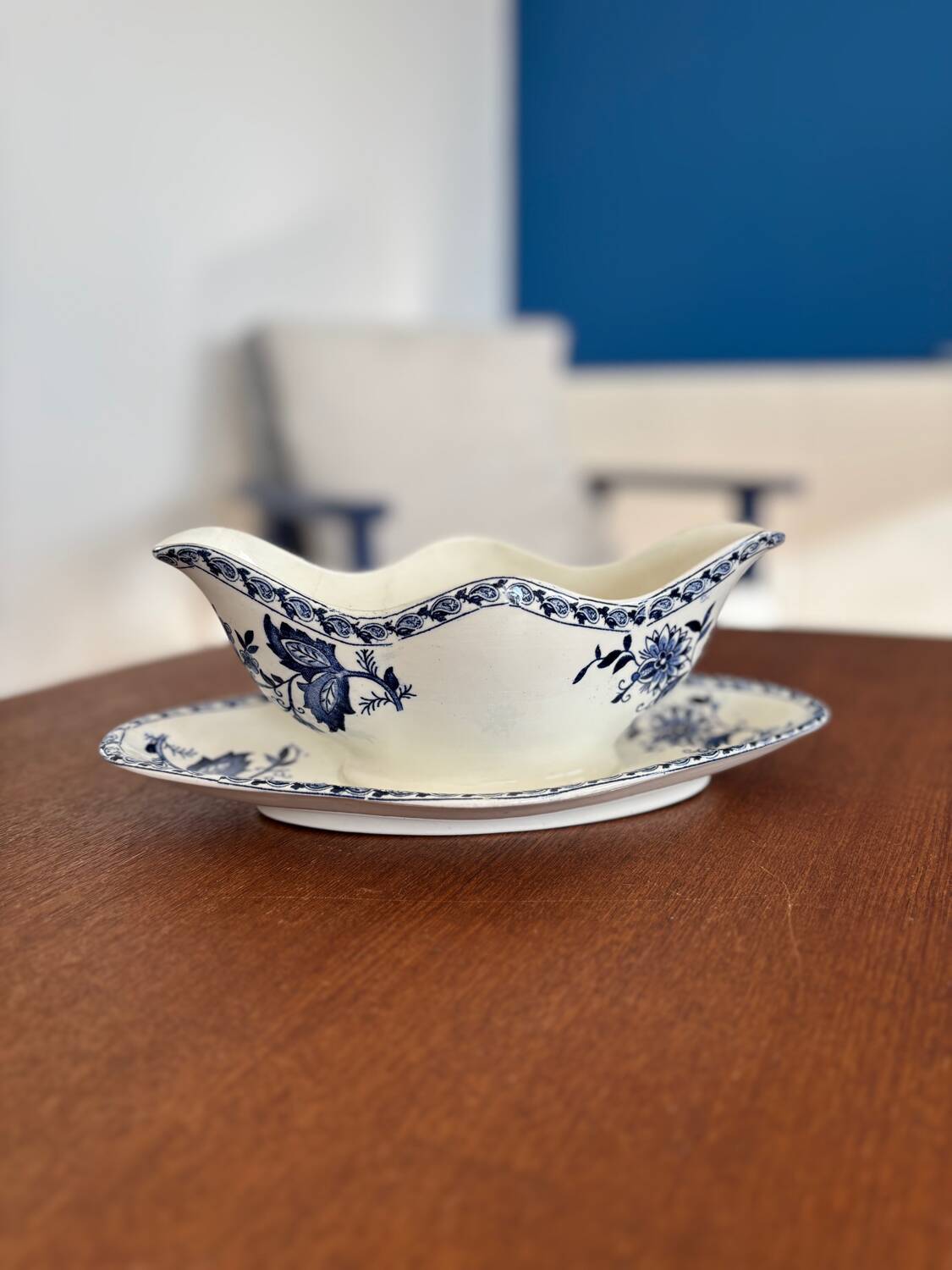 Antique ironstone sauceboat | Blue and white earthenware | Tableware