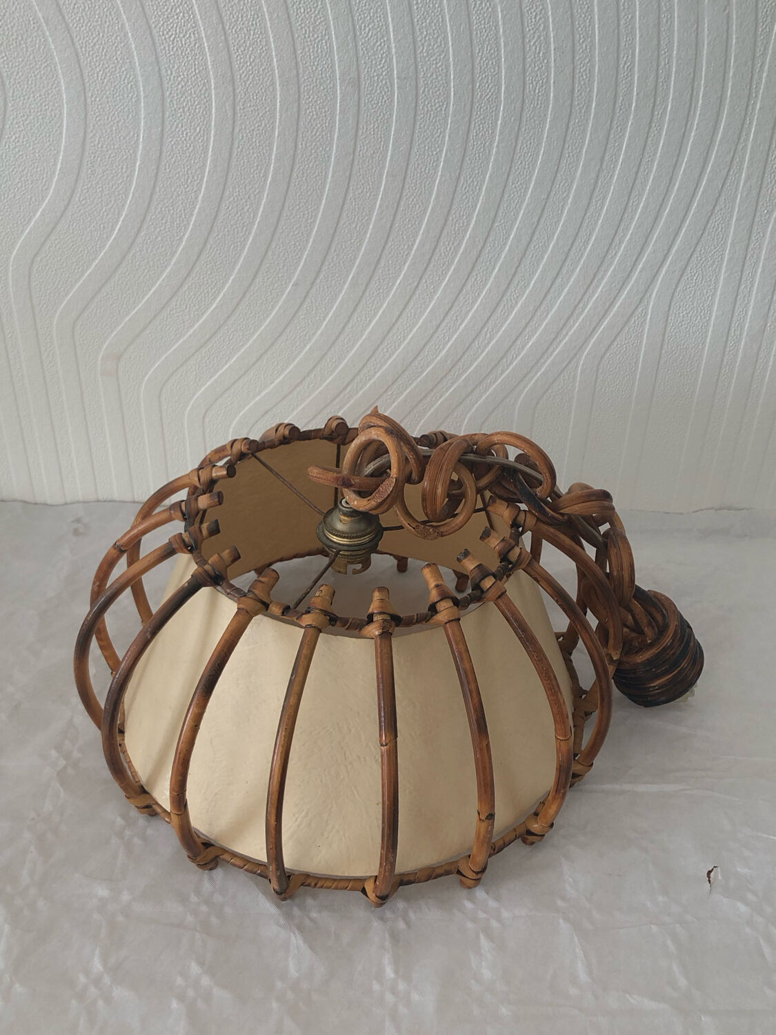 Vintage rattan pendant lamp with paper lampshade