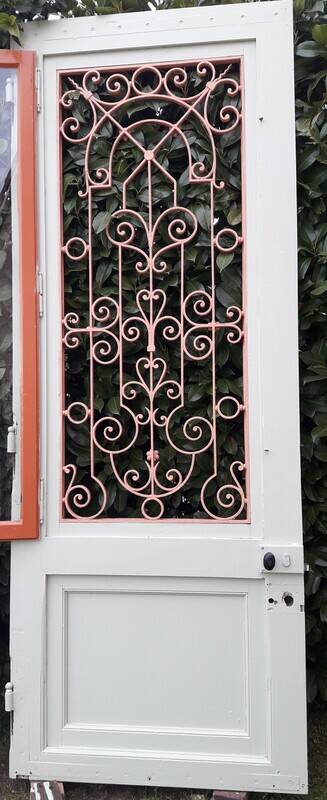 Entrance door 264x99cm old walnut oak wrought iron grille glass panel