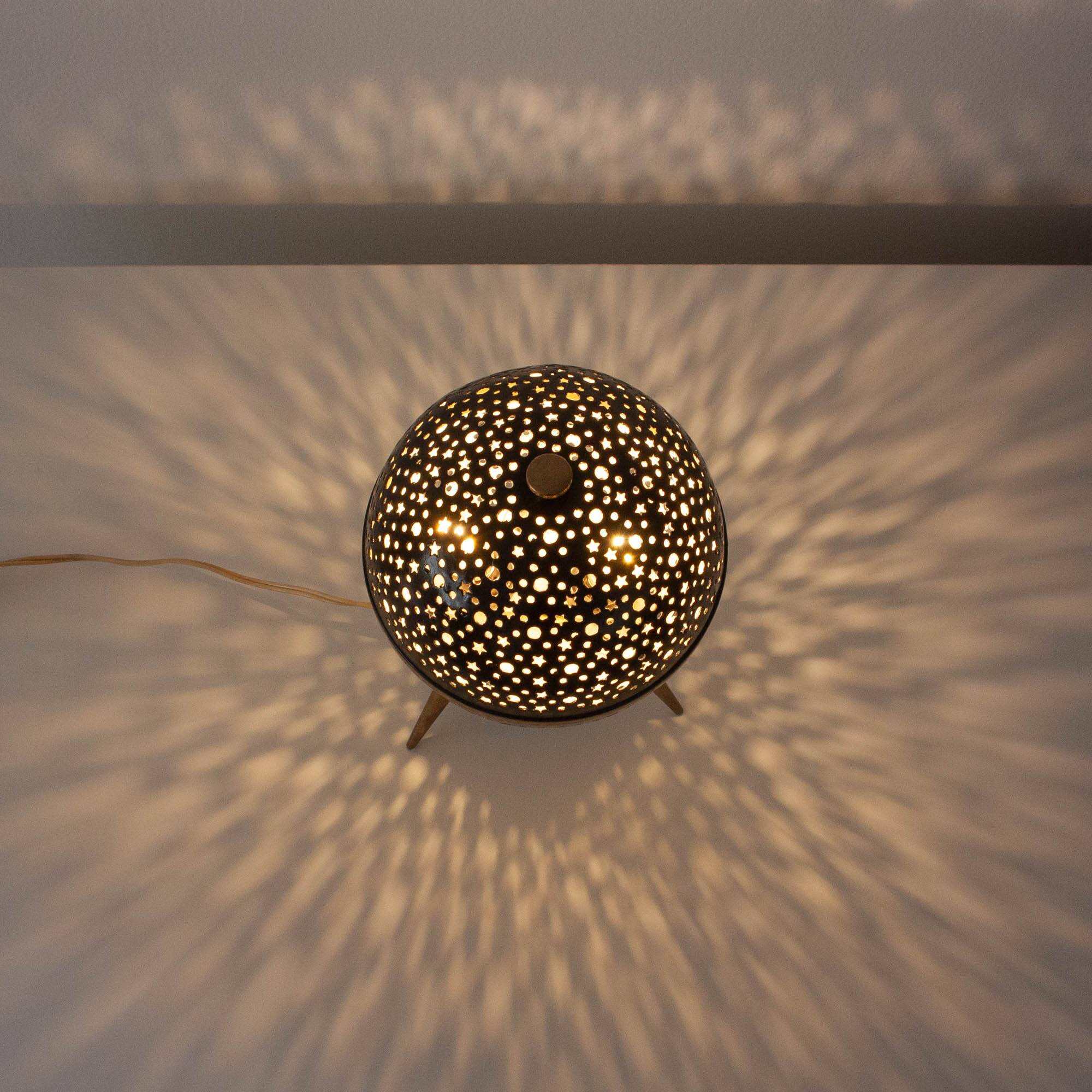 1950s French Saturn Table Lamp in Pierced Aluminum and Brass