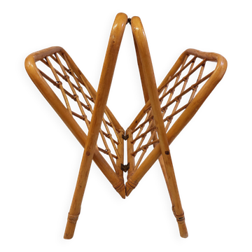 Porte-revue vintage pliable en bambou et rotin - Années 70