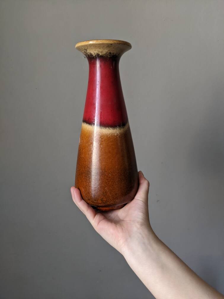 West German ceramic vase, country decoration, brown & red