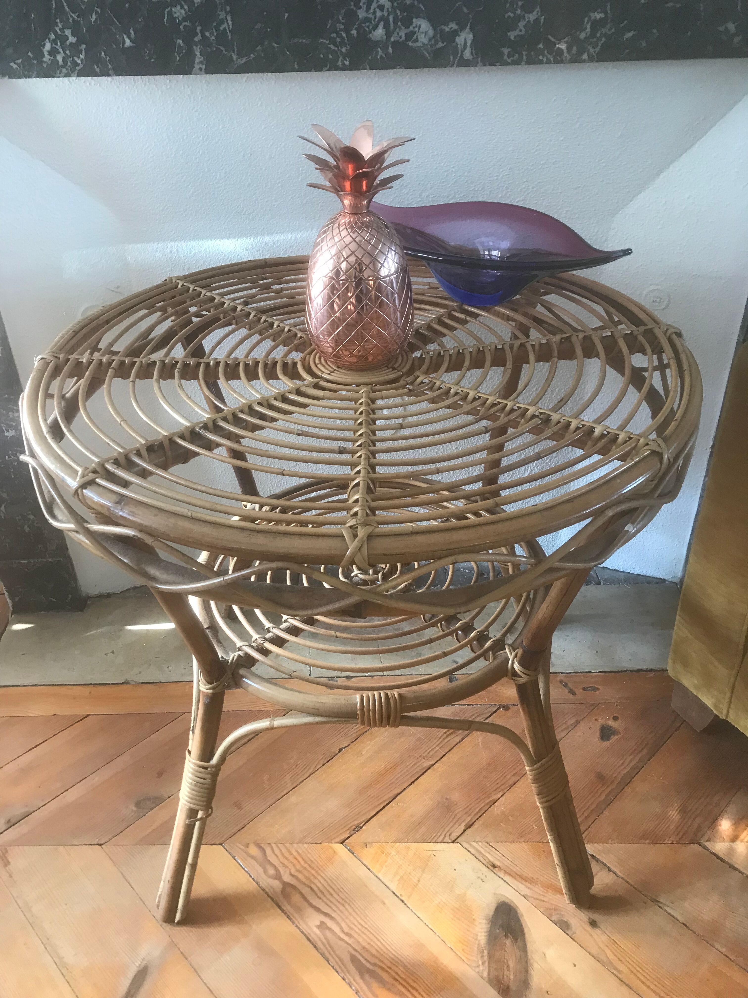 Vintage rattan round coffee table 1960