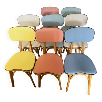 Set of 8 multicolored compass leg chairs