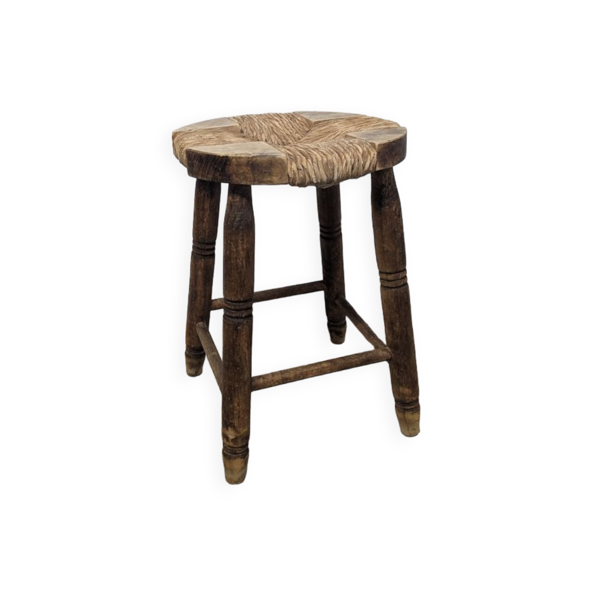 Wooden stool seated wood & woven straw