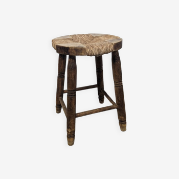 Wooden stool seated wood & woven straw