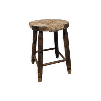 Wooden stool seated wood & woven straw