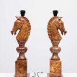 Large Horse Head Chess Knights Lamp in Carved Alabaster, taly, 1960s, Set of 2