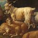 Old painting of a landscape with shepherds, oil on canvas, 17th century.
