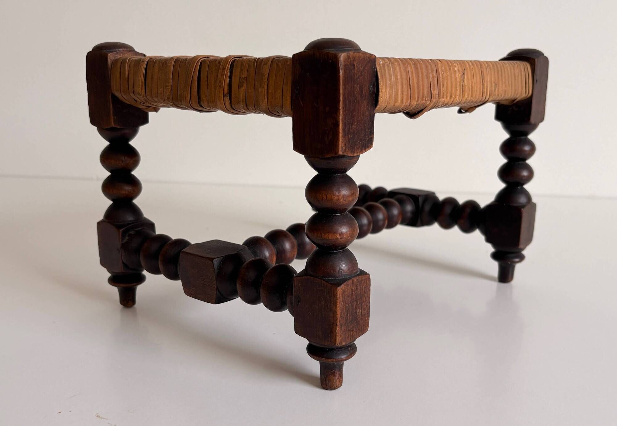 Antique French Turned Wood and Woven Rattan Footstool/ Sidetable