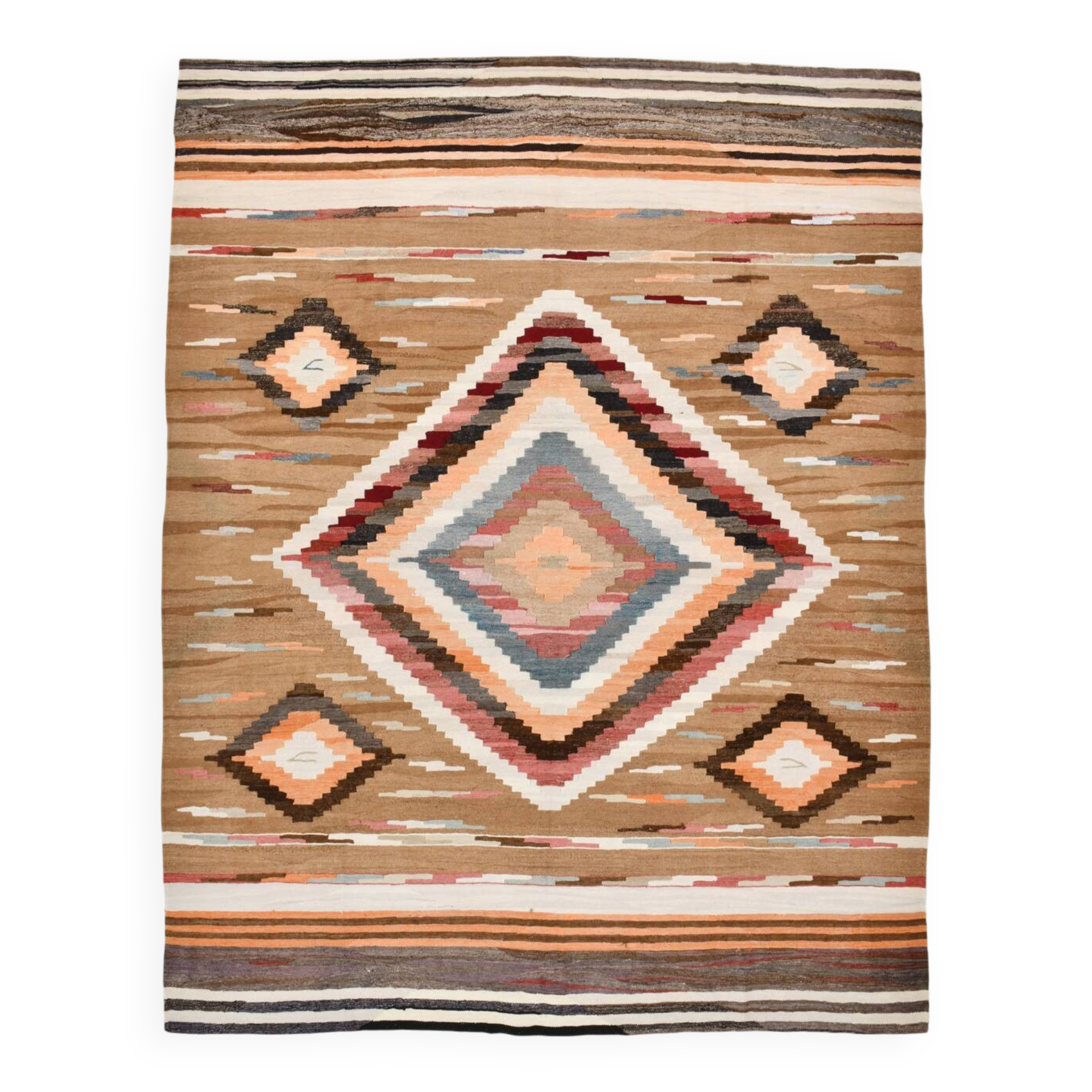 8x11 Brown & Cream Geometric Kilim Rug, 260x341Cm