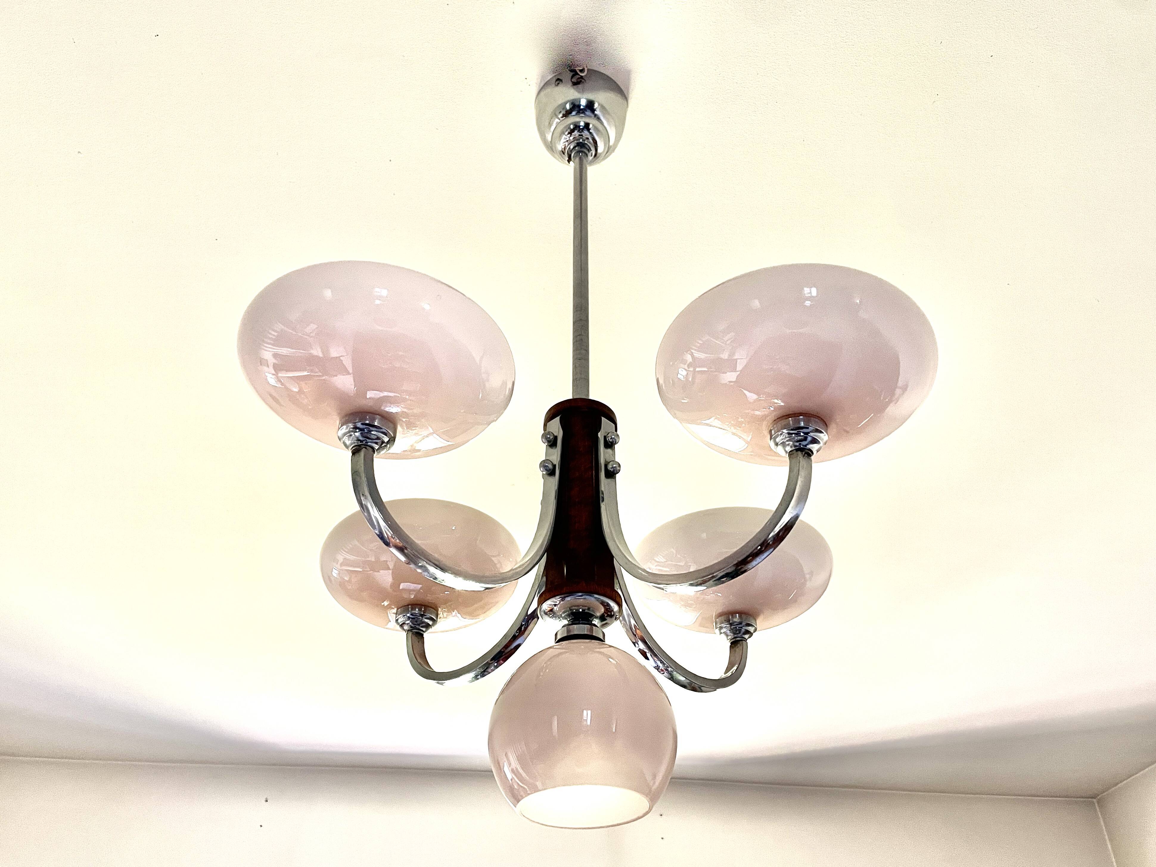 Art Deco lustre with pink glass, wood, and chrome from the 1930s.