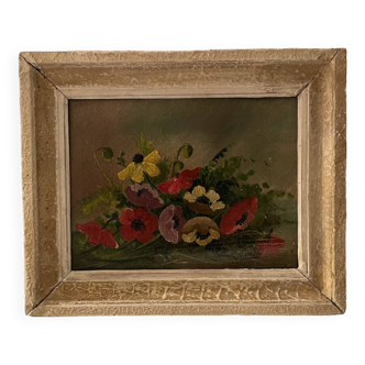 Tableau ancien, bouquet d'anémones