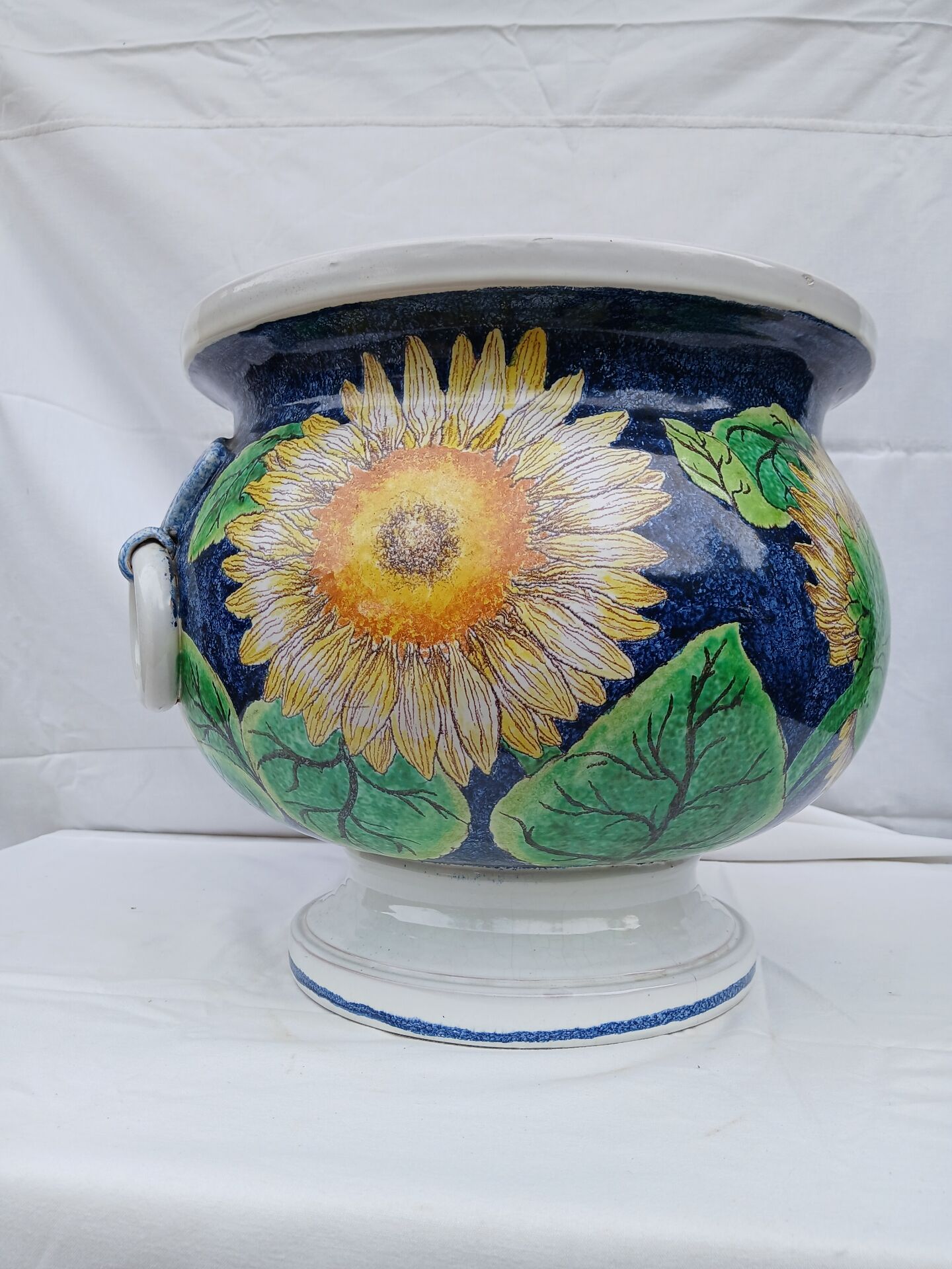Very large painted ceramic plant pot - sunflower design