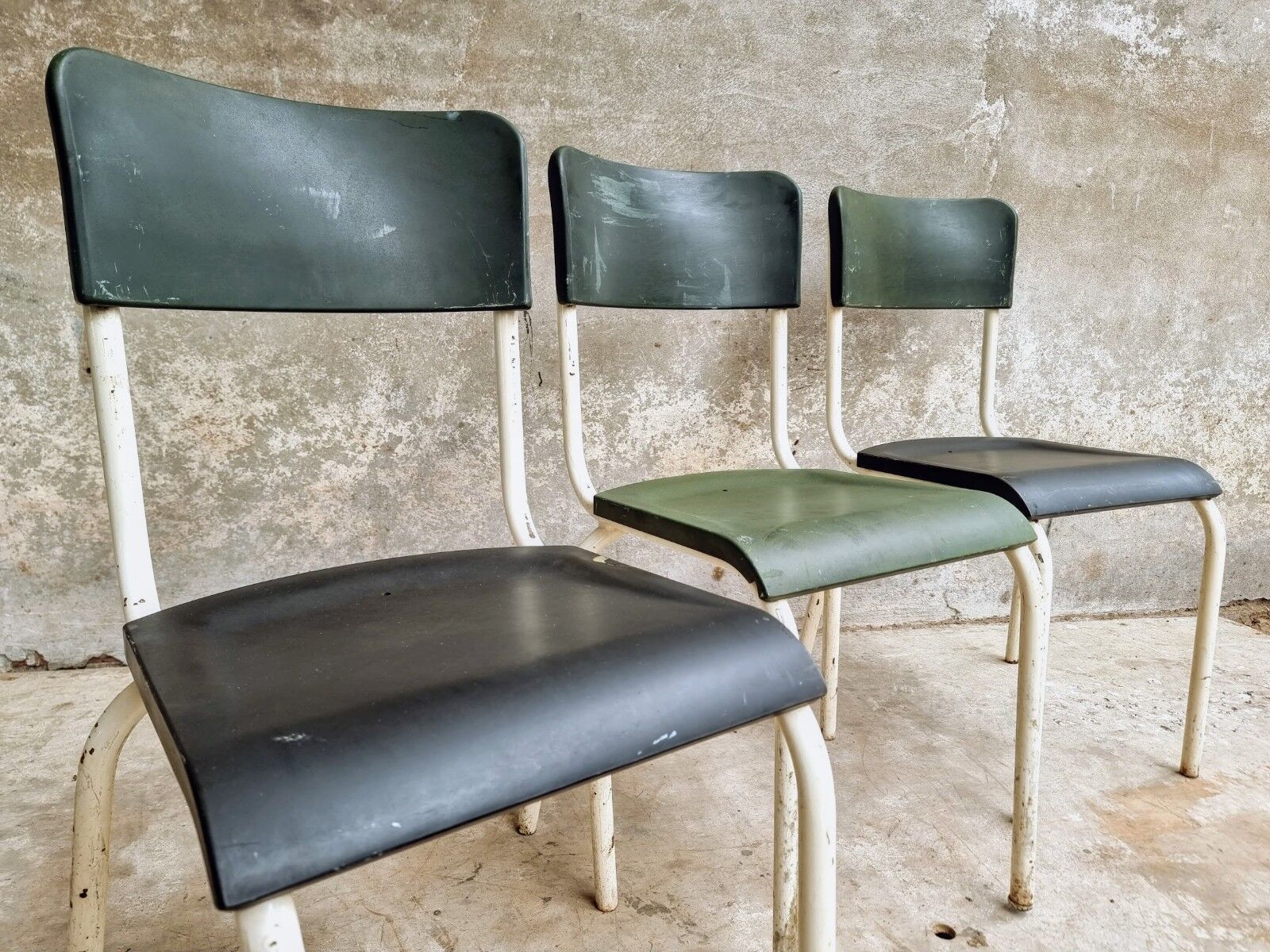Set of vintage chairs stacking chairs green bakelite