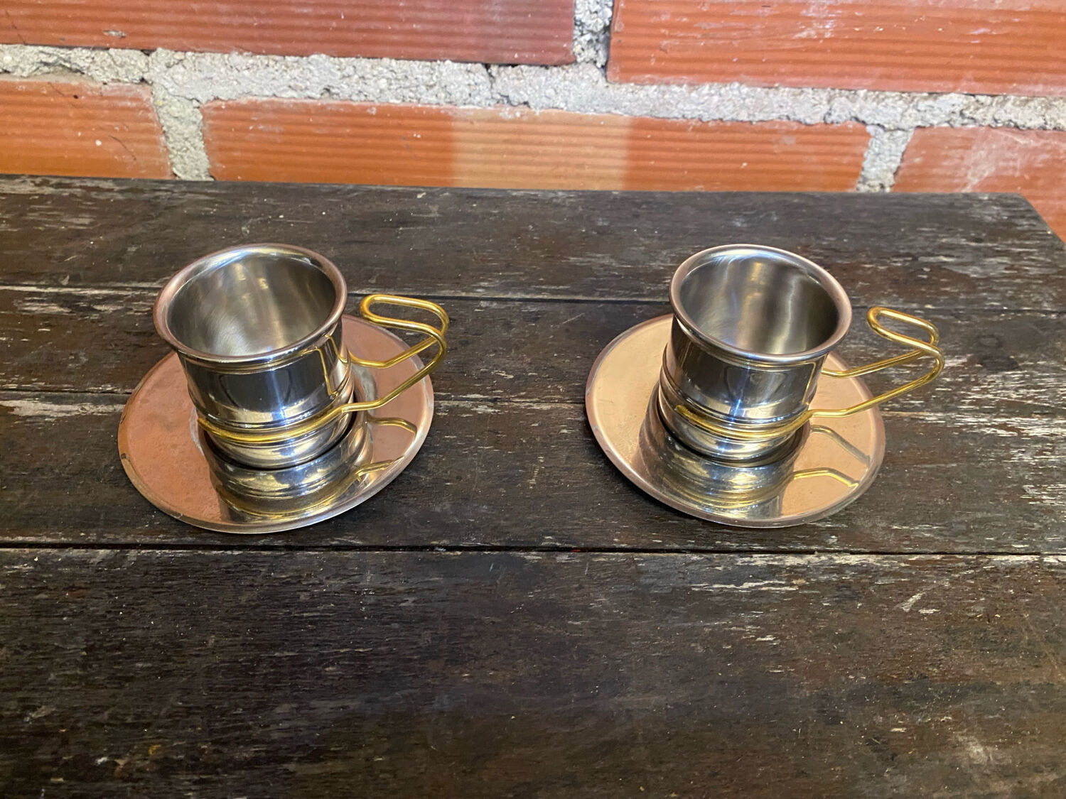 Old Pair of Stainless Steel Cup + Golden Metal Handle Made in ITALY Vintage #D46