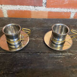 Old Pair of Stainless Steel Cup + Golden Metal Handle Made in ITALY Vintage #D46