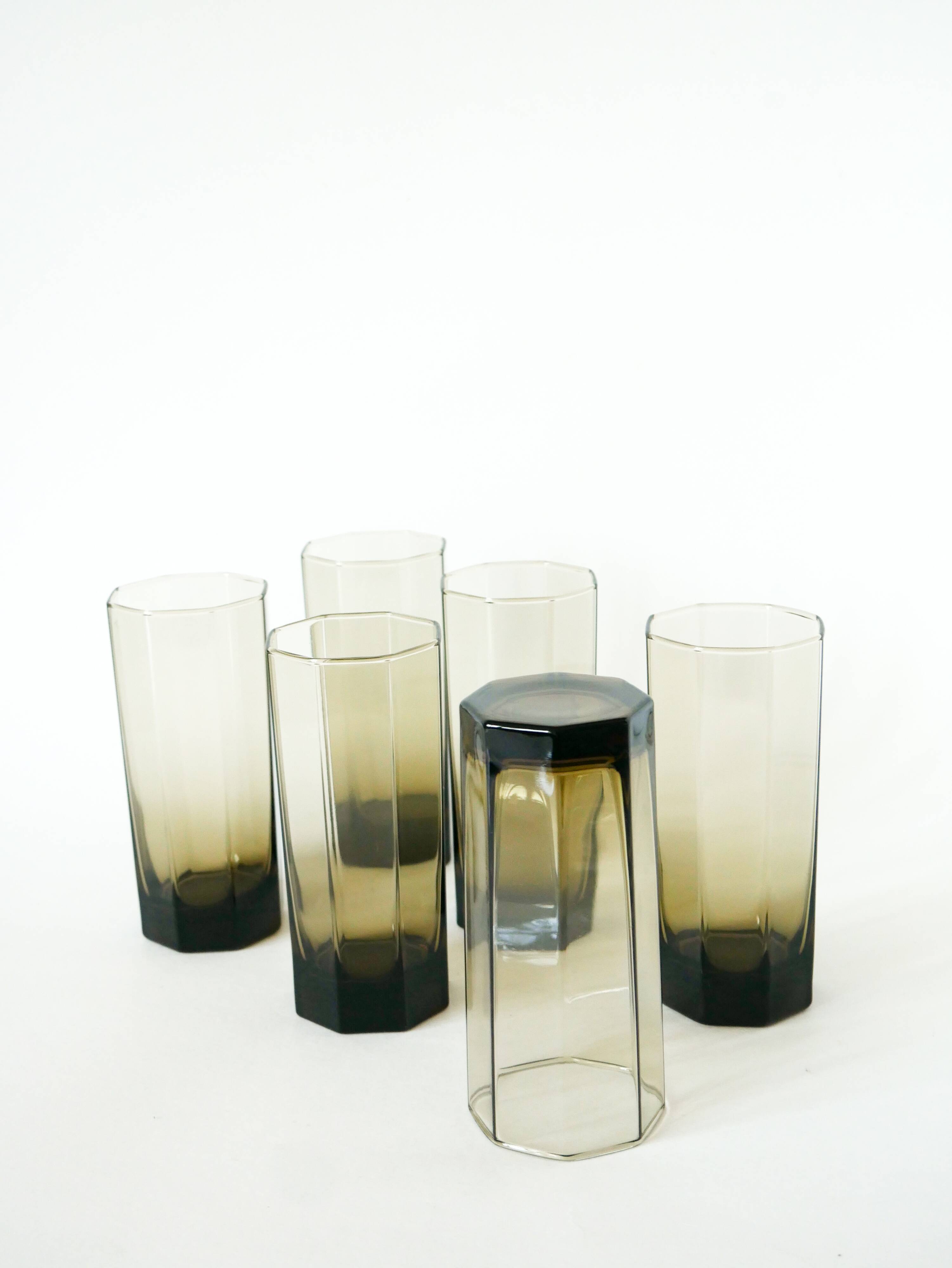 Set of 6 octagonal Long Drink glasses, smoked glass, design, 1970 - 15