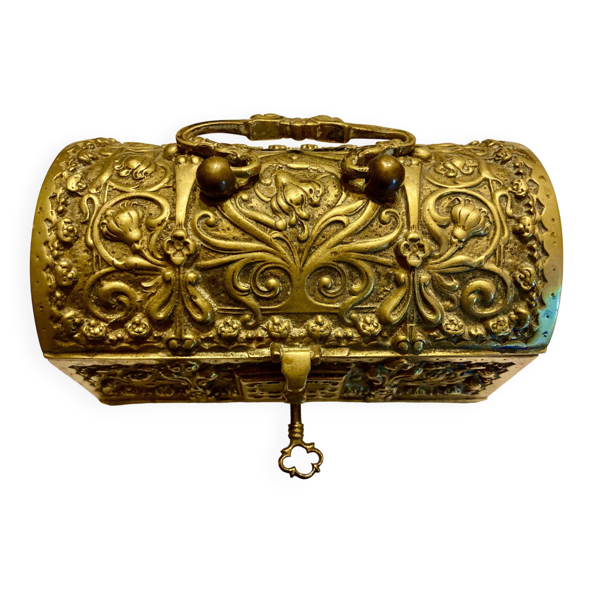 Jewelry chest with its bronze key, Renaissance style, 19th century fleur-de-lis decoration